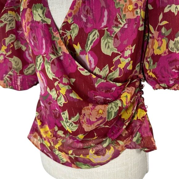 Revolve LPA Ada Puff Sleeve Pink Floral Wrap Crop Blouse - Picture 6 of 14